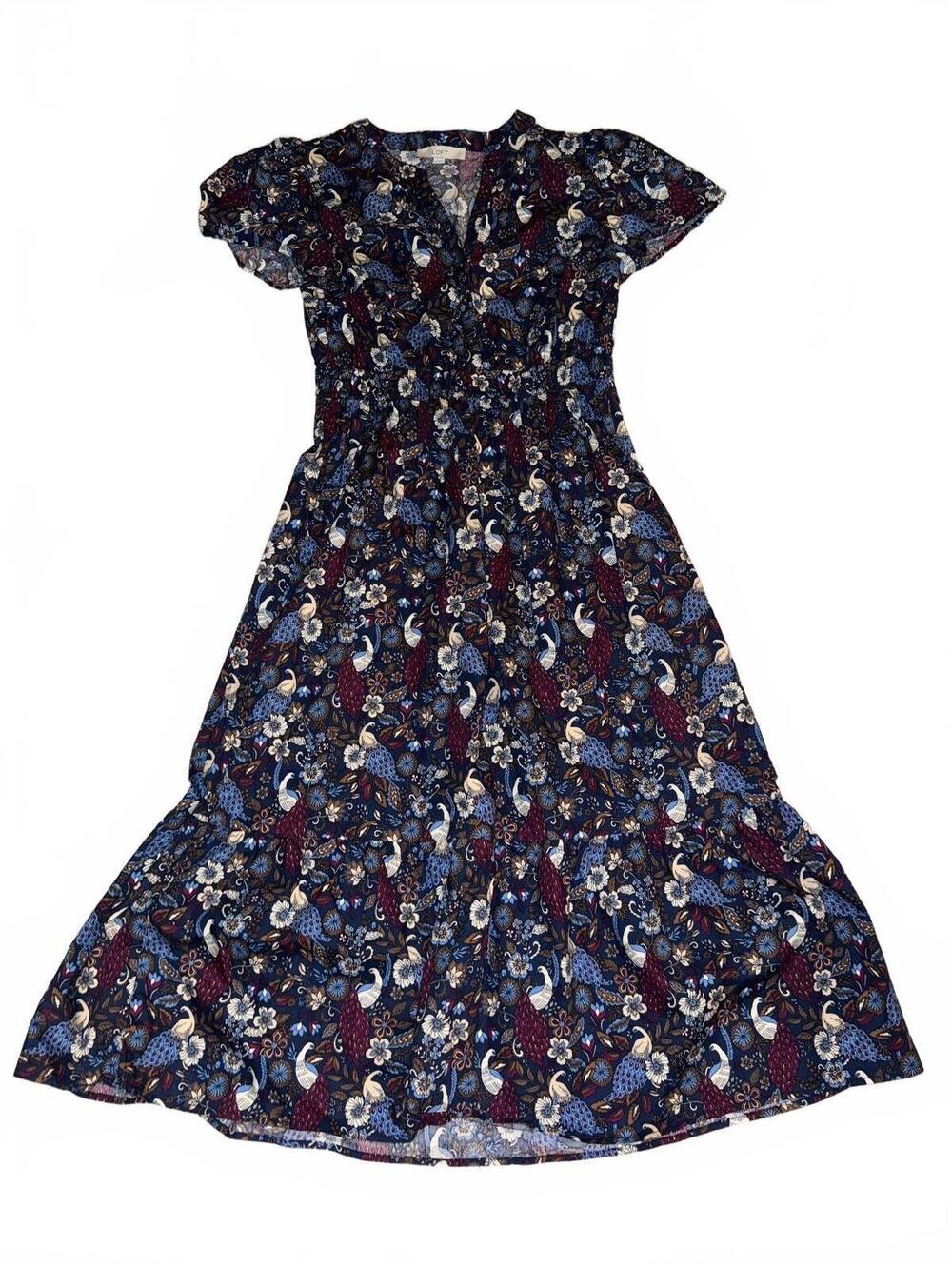 LOFT multicoloured floral midi dress with peacocks Size Large
